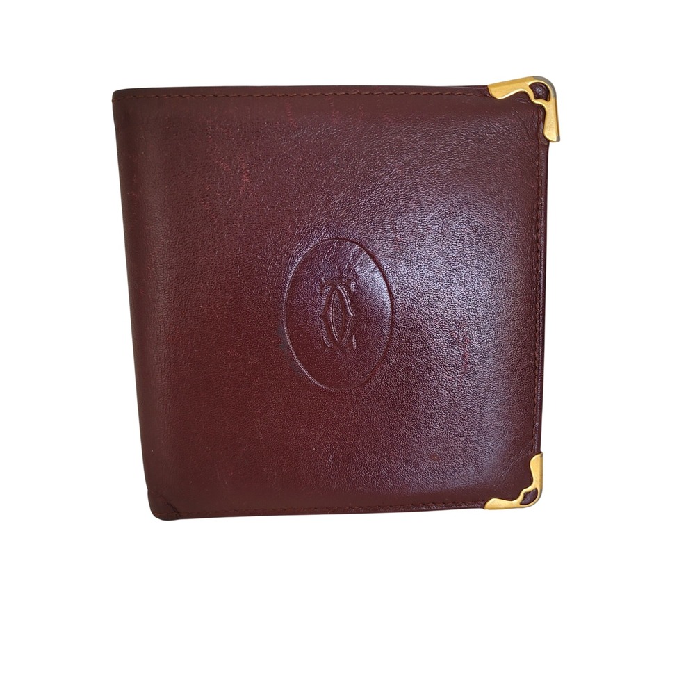 Cartier Must de Cartier Bifold Wallet Burgundy Leather Gold Corners Vintage
